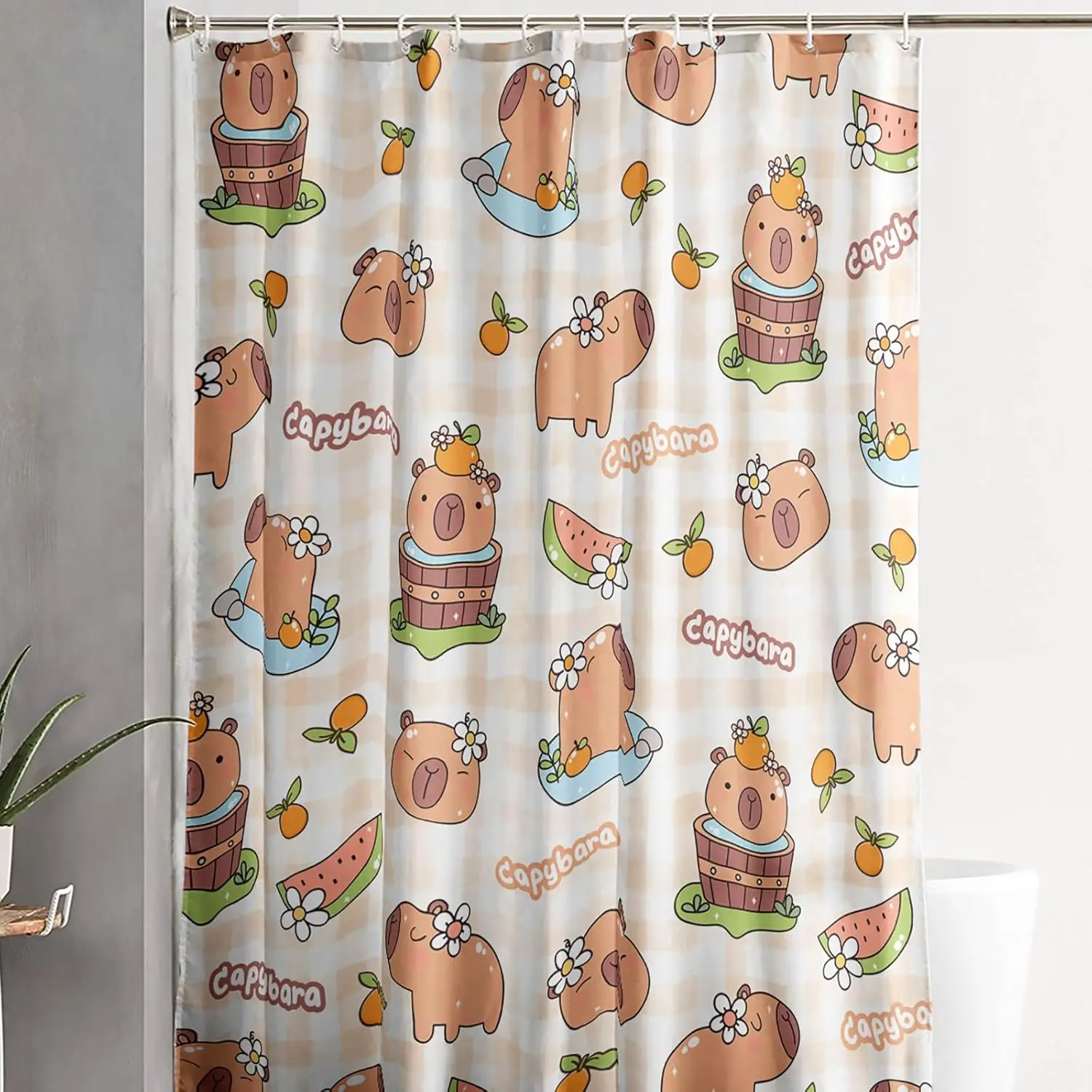 Cute Capybara Shower Curtain Set,Cartoon Capybara Orange Bathroom Decor for Kids Teens Girls Boys,Kawaii Animal Waterproof