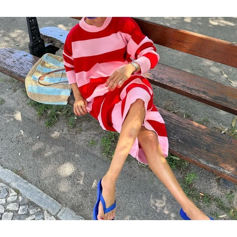 Vestido suéter de punto grueso de manga larga para mujer, vestido largo de cuello redondo de estilo perezoso, moda informal y cómoda para Otoño e Invierno