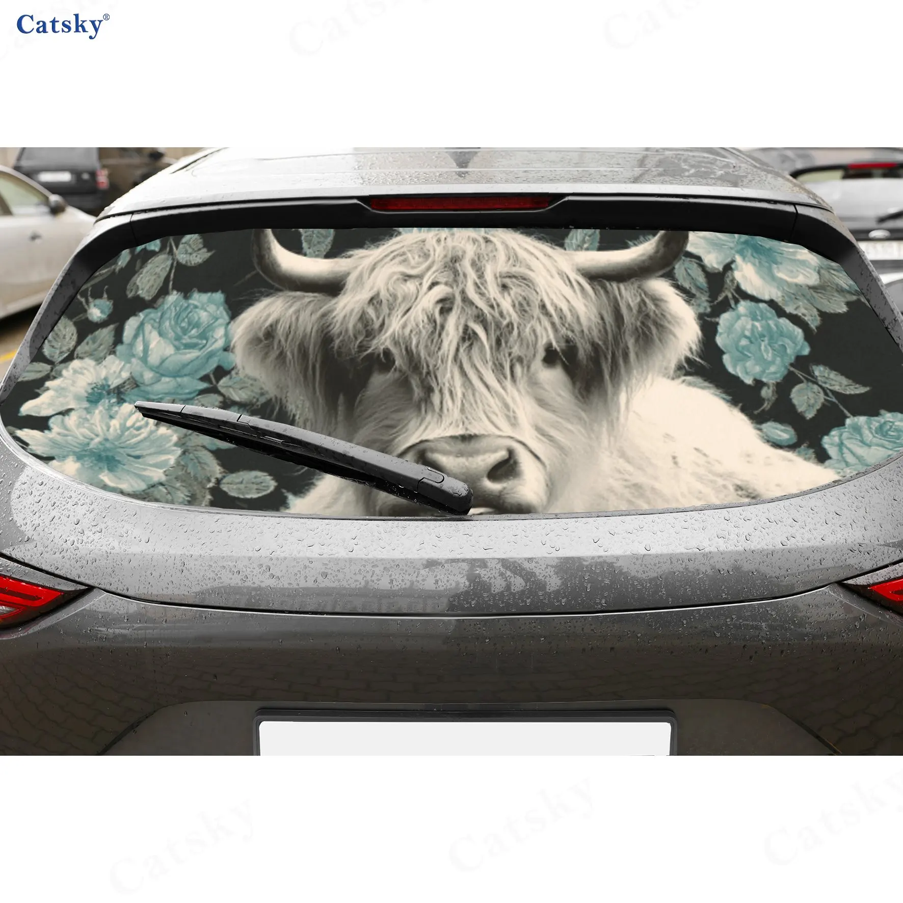 

Blue Flower Highland Cow Retro Sketch PVC Perforated Car Vinyl Wraps, Durable Car Rear Windshield Sticker, Waterproof Car Rear W
