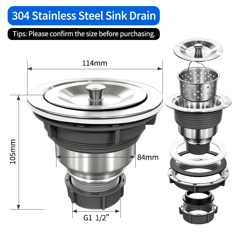 Vegetable Basin Head, Kitchen Stainless Steel Sink, Silver Falling Head, Hand Washing Sink, Sewer Pipe Accessories.