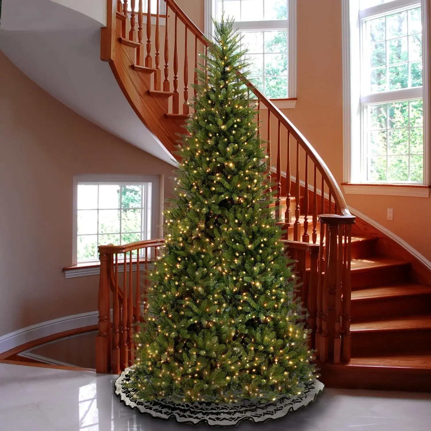 Pre-Lit Artificial Slim Christmas Tree, Green, Dunhill Fir, White Lights, Includes Stand, 12 Feet