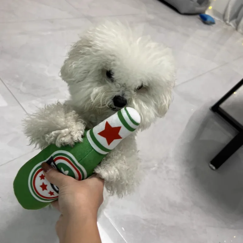 Lustiges Plüsch-Hundespielzeug in Bierflaschenform, kleine große Hunde, Quietschgeräusche, saubere Zähne, Kauspielzeug für Haustiere, interaktives Spielzubehör