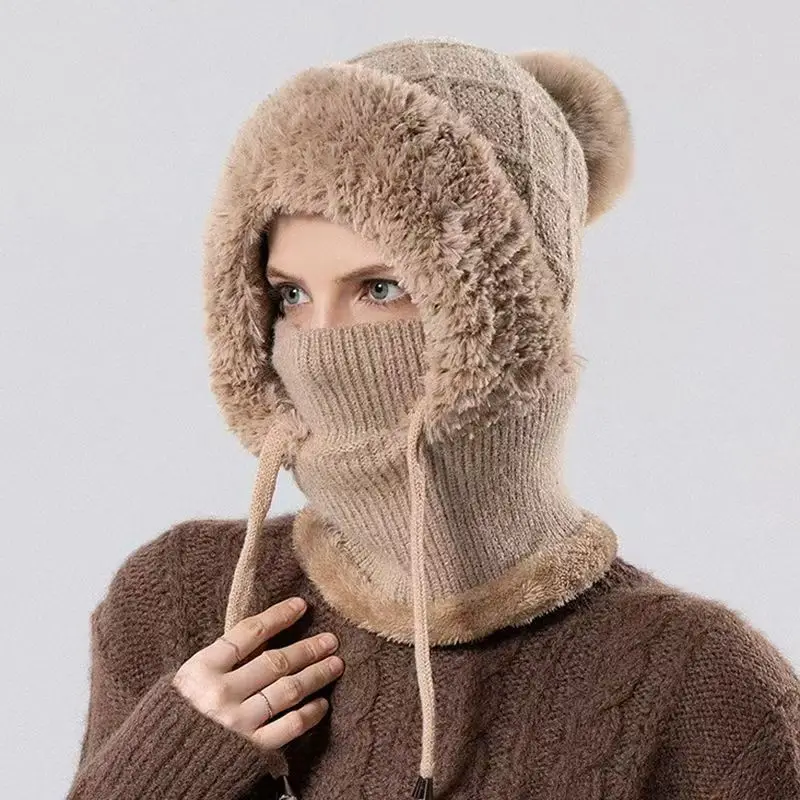 A++ Winter Women's Hats Masks Scarves Integrated Knitted Yarn Hats with Thick Velvet Warm Ear Protection Covers and Head Caps