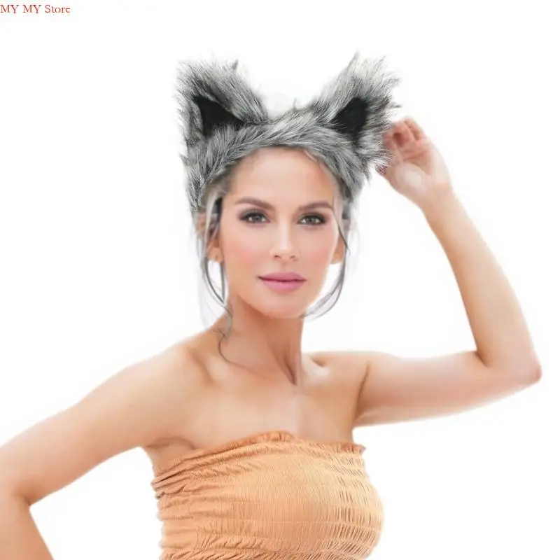 N1HE Cats Foxes Faux Furs Ears Headband Halloween Fancy Dress Cosplay Costume Handmade Furry Animal Ears Hair Hoop Kid Adult