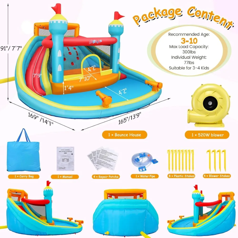 Whubefy 14.1x13.8Ft Rumah Bouncing Seluncuran Air Tiup untuk Anak-anak, Rumah Goyang Seluncuran Air Tiup Kastil Lompat dengan 2 Seluncuran