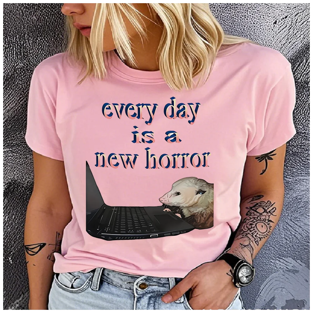 100% Cotton Every Day Is A New Horror Opossum Laptop Print Women T-Shirt Casual Short Sleeve Crew Neck Funny Graphic Tee Summer
