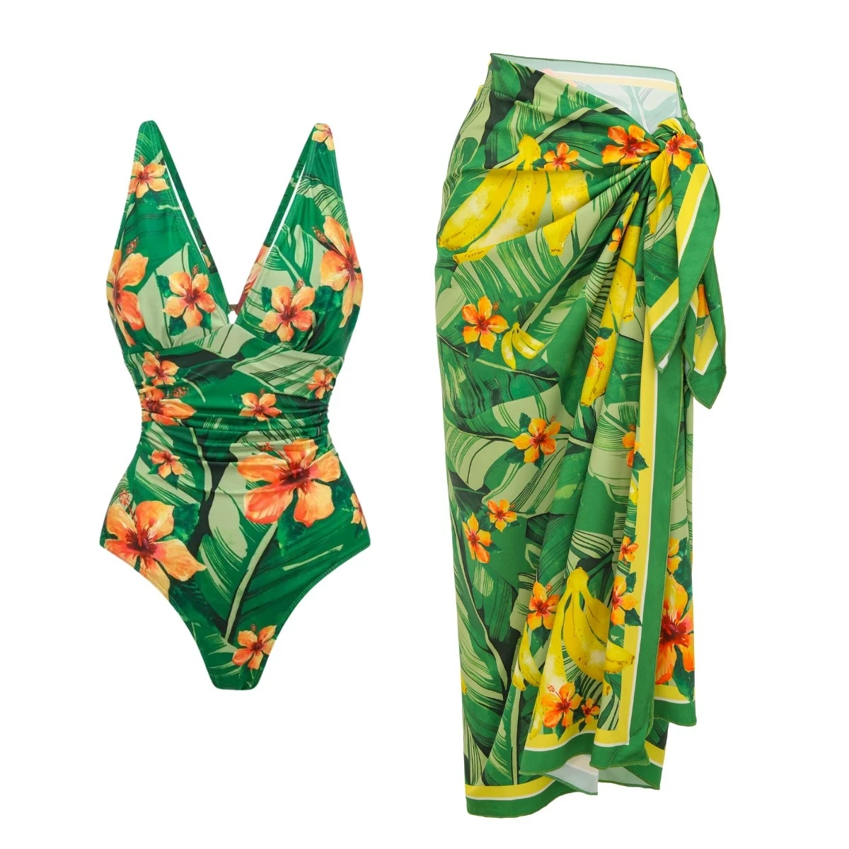 2026 New Retro One Piece Swimsuit Skirt Shoulder Strappy Swimsuit Print Floral Swimwear Women Slimming Bathing Suit Beach Wear