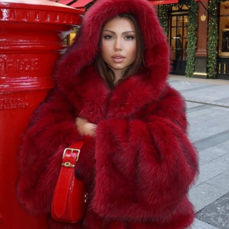 

2025 New Solid Color Faux Fur Jackets Turn-Down Lapel Fall Winter Thickened Warm Wine Red Fur Fluffy Chic Jackets Tops Outerwear