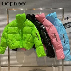 Candy Color Shiny Patent Leather Long Sleeve Thermal Cotton Coat Women 2023 Winter New Loose Short Cotton Padded Clothes Jacket