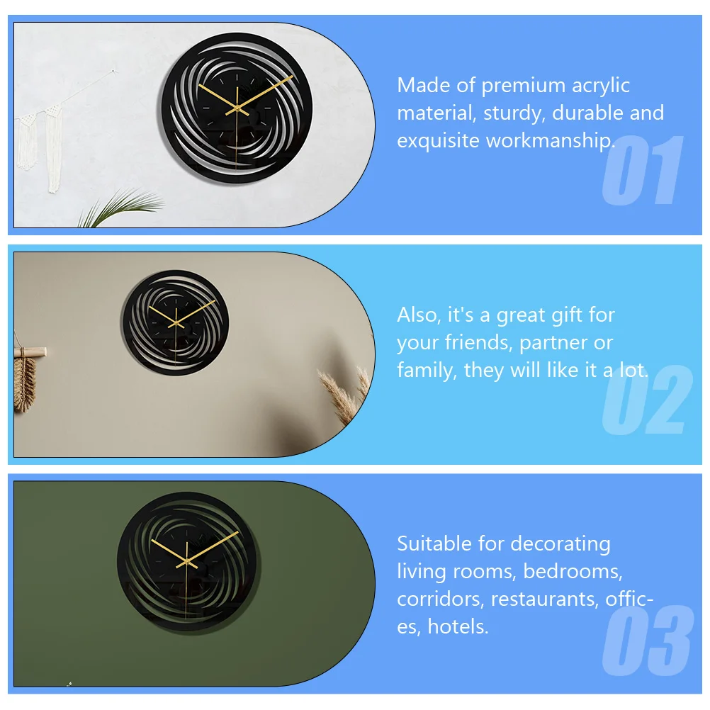 Acrylic Wall Round Black Hanging Home Decor Silent Hotel Bedroom Office Decorative Wall Clock 3D Modern Without
