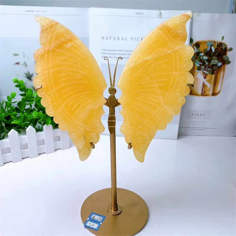 

Natural Yellow Calcite Butterfly Wings Crystal with Stand, Hand-carved Gemstone, Healing Stone, DIY Present for Home Decoration