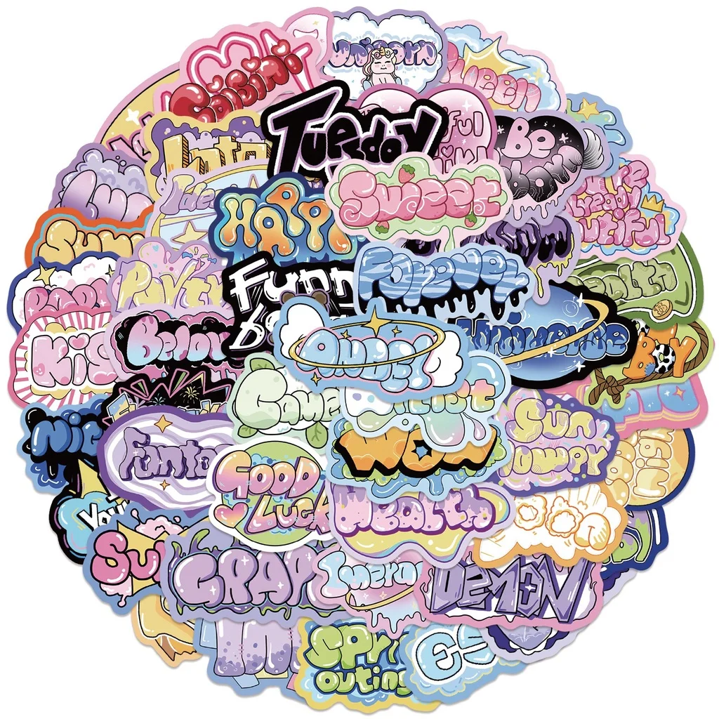 50PCS Waterproof Cartoon Text Stickers, Multi-Purpose Graffiti Decals for Helmet & School Supplies Peel Joy Sticker Store