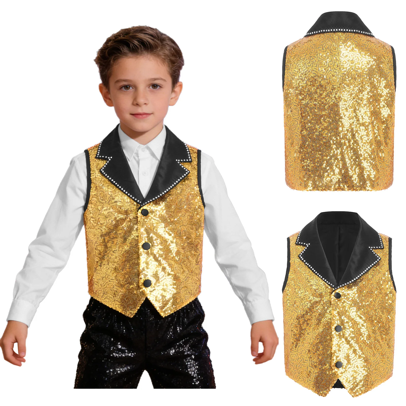 

Kids Shiny Sequin Waistcoat for Boys Jazz Latin Tango Cha-cha Dance Performance Costume Lapel Collar Sleeveless Sequined Vest