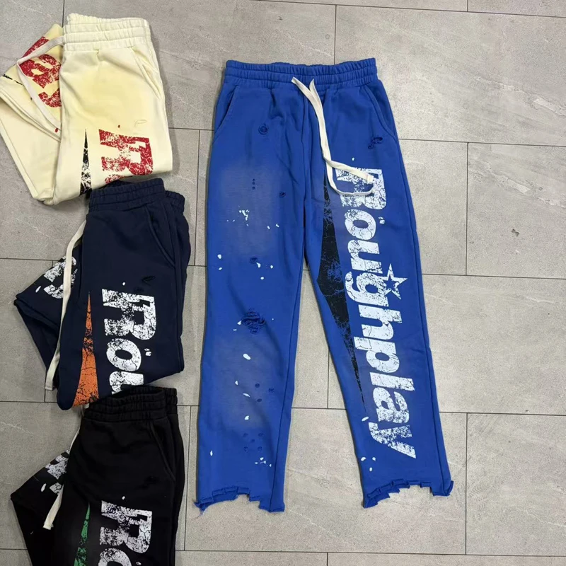 Street Trend Brand Blue Sweatpants Splashed Ink Print Quality Washed Water Retro Casual Comfortable Roughplay Pants