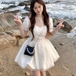 Sweet White Dresses Women Mini Ball Gown Temperament Chic Fashion Princess Style Summer Seaside Tender College Girls Minimalist