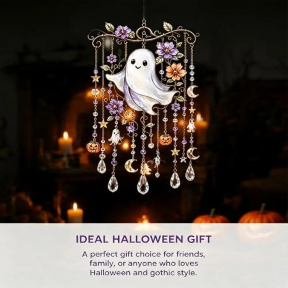 Halloween Themed Crystal Wind Chime Dangling Strands Hanging Chain Glass Suncatcher Faceted Teardrops Stained Glass