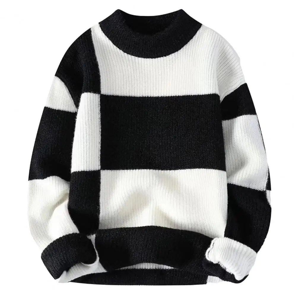 

Men Sweater Thickened Warm Knitwear O-neck Contrast Color Sweater for Autumn Winter