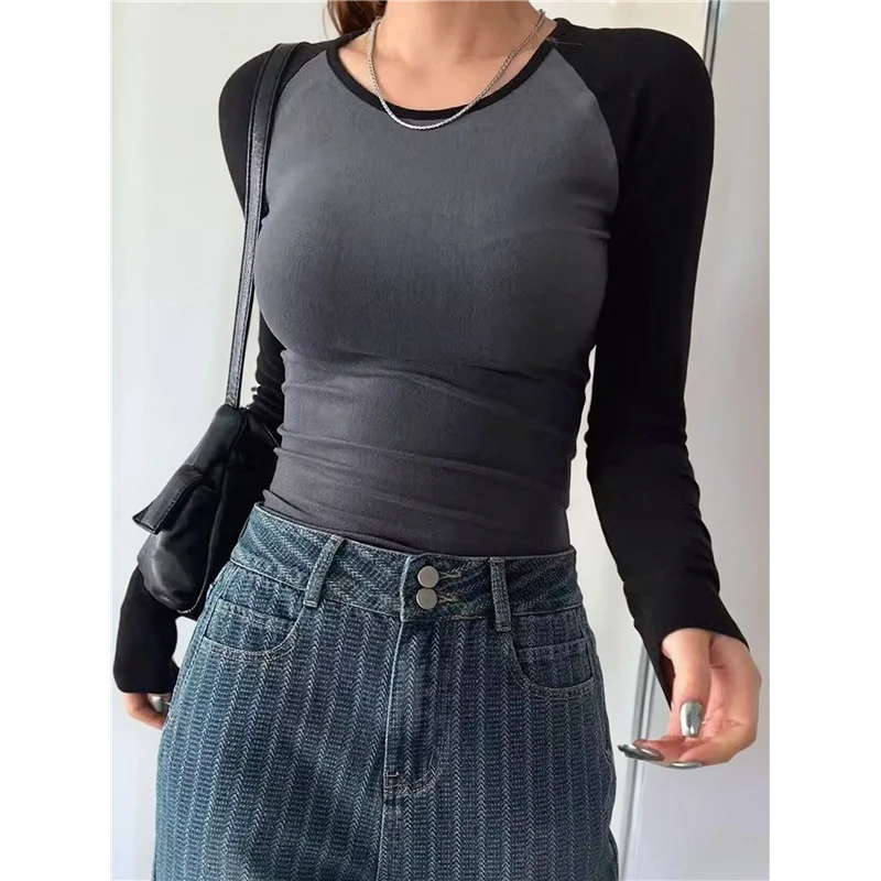 

NEW-Women's Long Sleeve Shirts Slim Fit Stretchy Color Block Slightly Cropped Tops