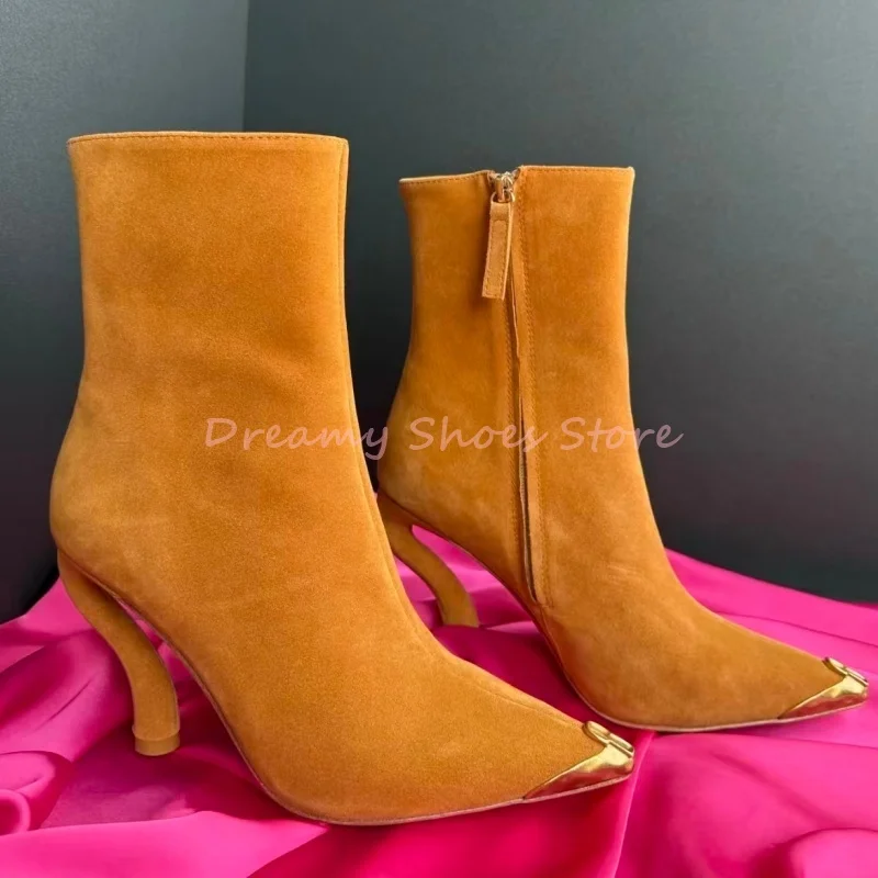 

Metal Keyhole Suede Pointed Ankle Boots Women Leather Side Zipper Strange Style Stiletto Boots Sexy Fashion Party Banquet Shoes