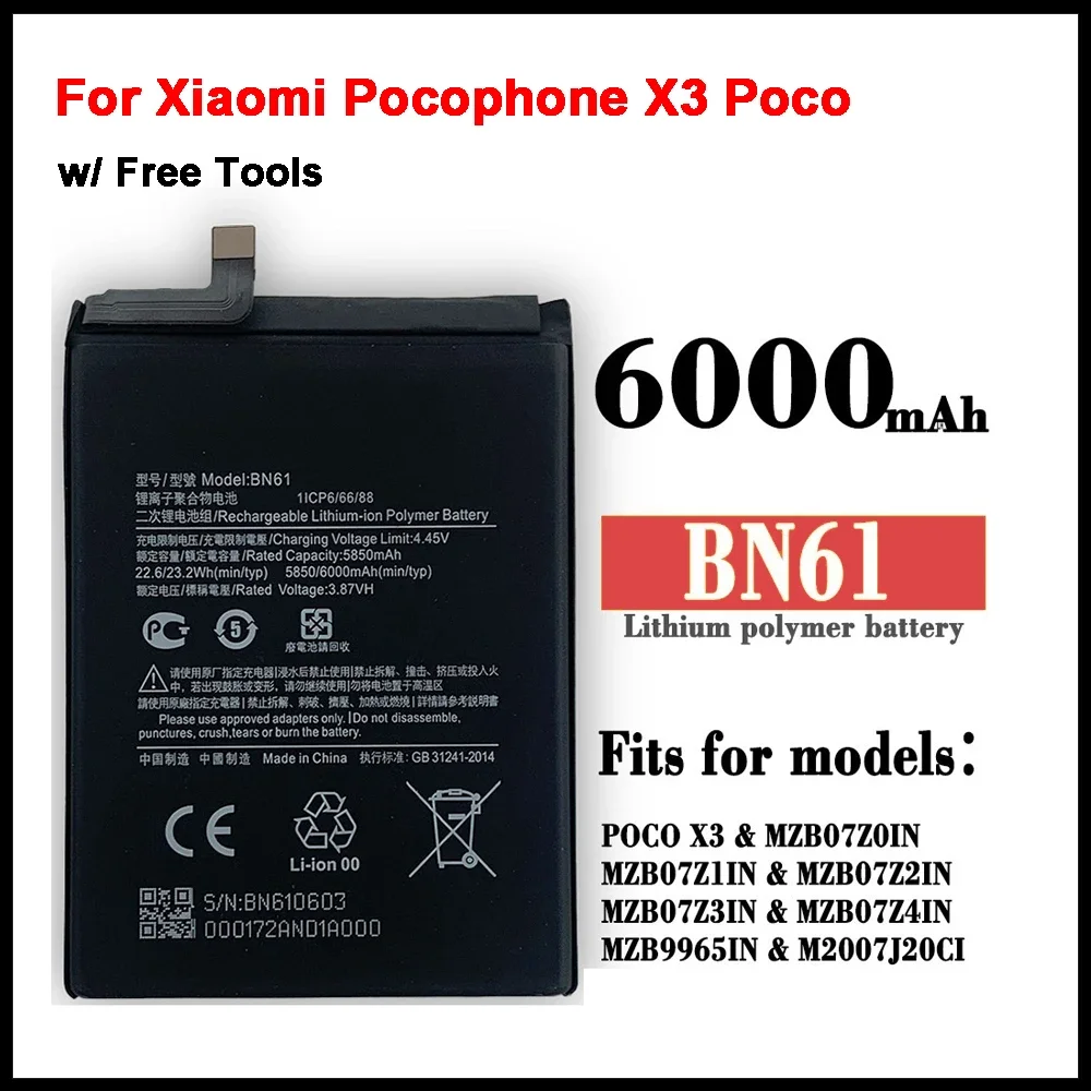 100% Original Battery BN61 6000mAh For Xiaomi Pocophone X3 Poco X3 Bateria Mobile Phone Replacement Batteries Free Tools