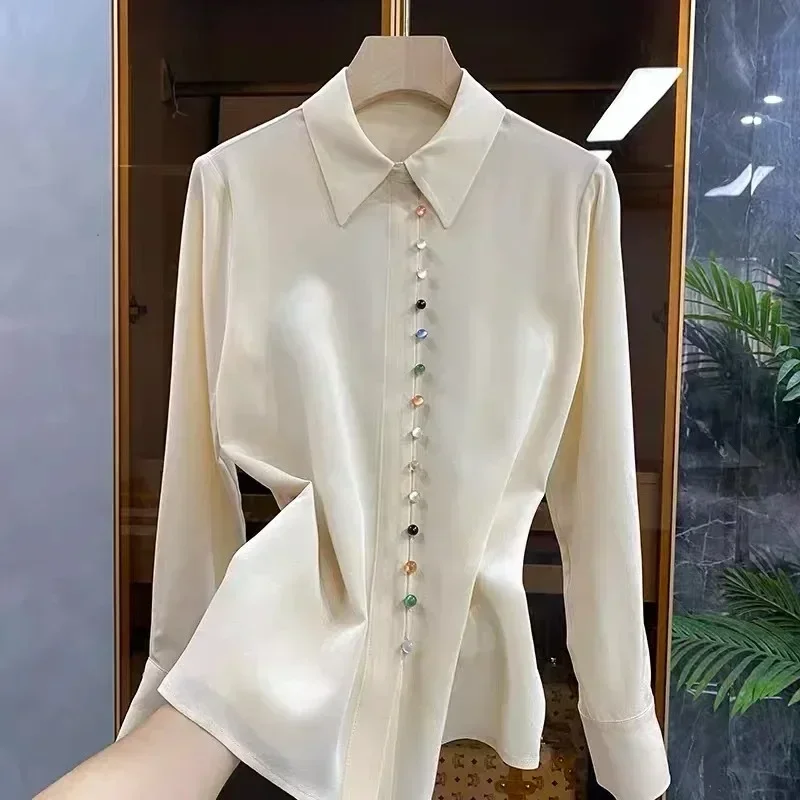 Satin Silk Shirt for Women, Colorful Button Up Shirt, Chic Vintage Blouse, Elegant and Casual, White Tops, 2024 Spring New 18834