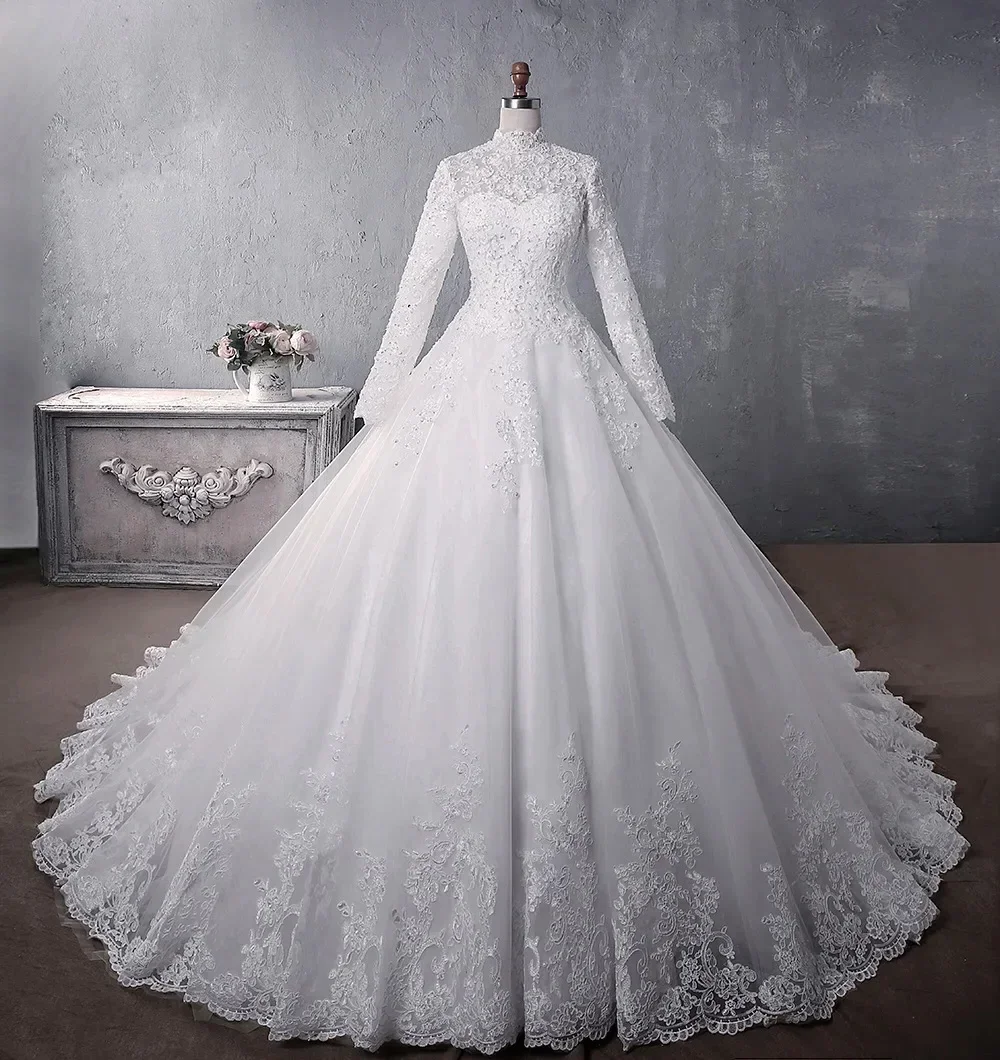 Vestido de casamento muçulmano 2025 elegante pescoço alto com trem princesa vestido de noiva de luxo vestido de casamento de renda personalizado