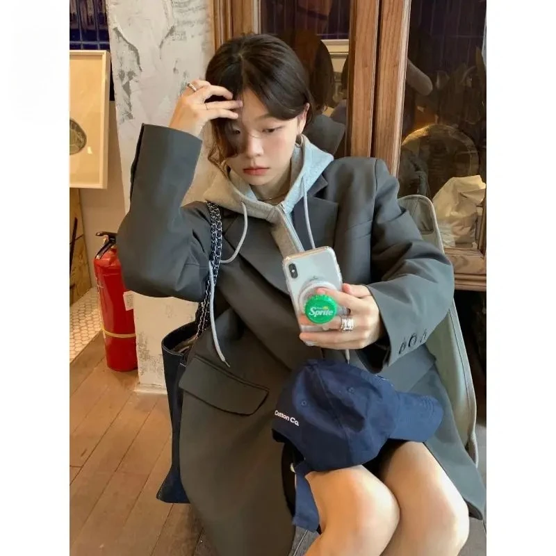 

Women's Gray Collar Loose Retro Suit Commute Autumn Thin Coat Female Long Sleeved Outerwear Vintage Jacket 2000s Clothes