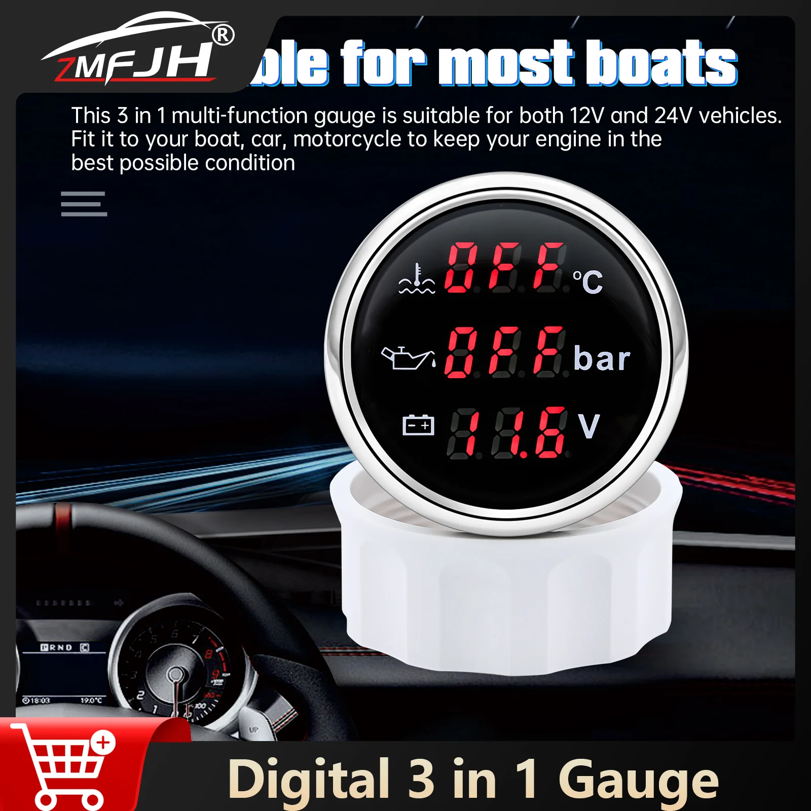 

52 мм 3 в 1 Датчик уровня воды Тахометр уровня сточных вод Температура воды Давление масла Напряжение уровня топлива для автомобиля Морская лодка 12 В 24 В