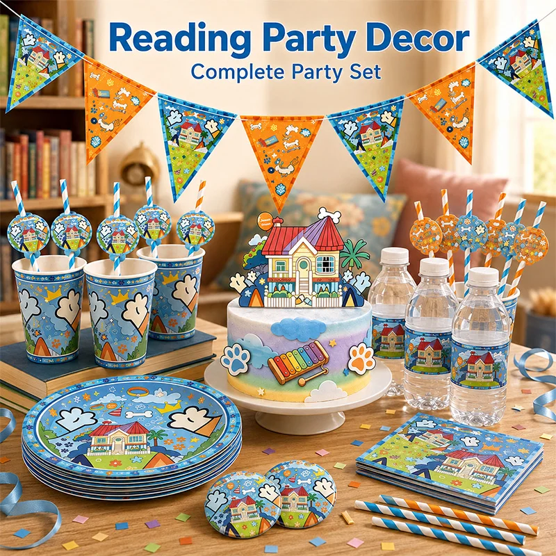 Blue Dog Party Supplies Bundle Disposable  Paper Quality Cartoon Tableware Set Bulk Multi Quantity Birthday Events Festival