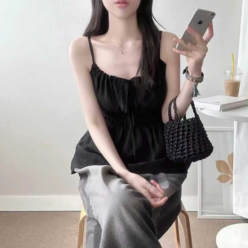 여성 캐주얼 섹시 허리 조임 스트랩 베스트 한국 스타일 루즈핏 슬림핏 숏 셔츠 접힌 밑단 쉬폰 탑