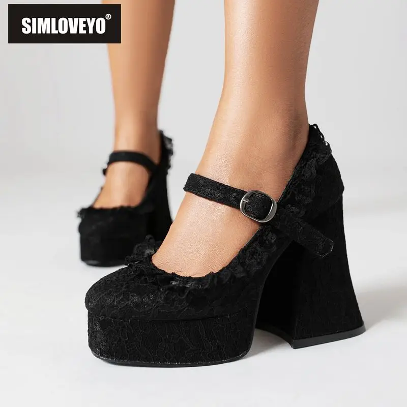 SIMLOVEYO Sexy Female Pumps Round Toe Ultrahigh Heel 12cm Platform Hill 3.5cm Buckle Strap Big Size 42 43 Janes Party Shoes