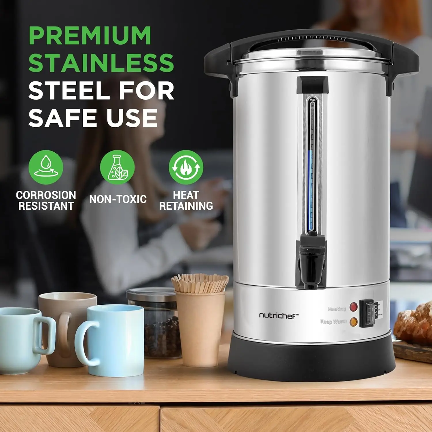 Caldaia ad acqua e distributore di acqua calda, distributore di bevande elettrico da 8 litri con coperchio di sicurezza, rubinetto antigoccia, funzione calda