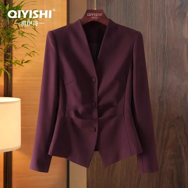 

Модный темно-красный женский осенний повседневный пиджак с v-образным вырезом, элегантный тонкий офисный женский костюм в винтажном стиле, короткое пальто