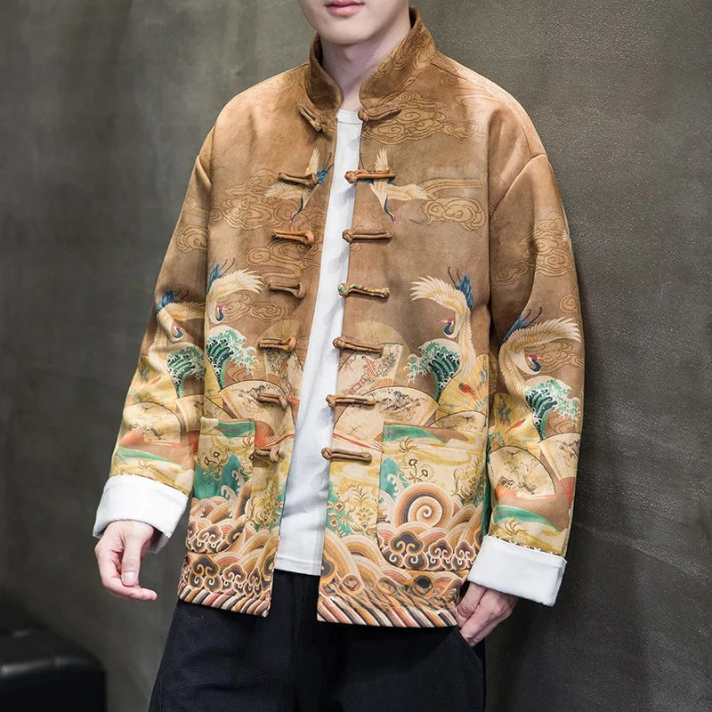 

Thiened Tang Suit Jaet для мужчин, традиционное китайское новогоднее пальто для выступлений, красное осенне-зимнее пальто с дизайном на пуговицах