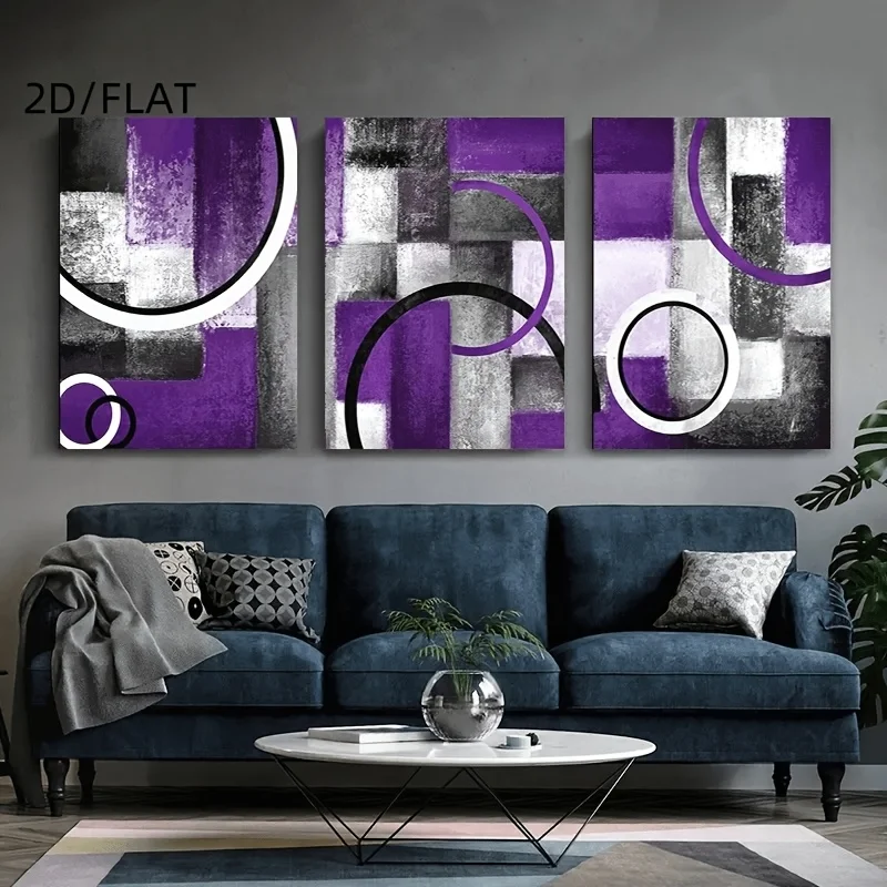 （3PCS NOFrame）-3pcs Set of Modern Purple and Gray Abstract Geometric Pattern Paintings, Unframed Canvas Wall Art, Large-size
