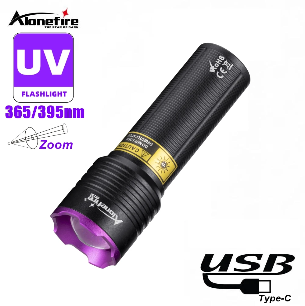 Zoom 395/365nm UV Flashlight USB Rechargeable Ultraviolet Light Curing Ore Money Pet Urine Tinea Scorpion Marker Fluorescer Lamp
