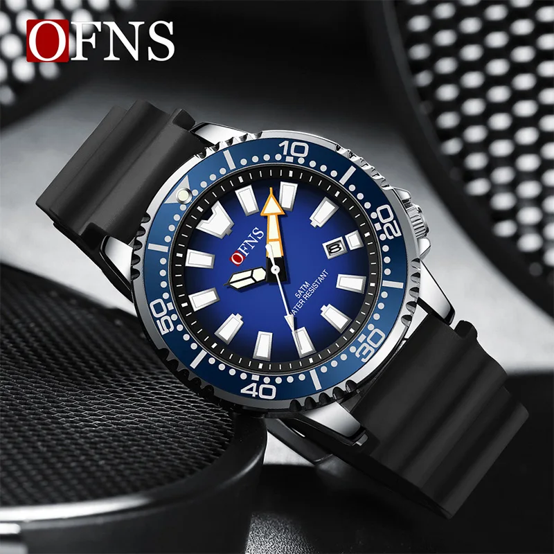 OFNS-reloj de cuarzo para hombre, cronógrafo luminoso de goma, resistente al agua, para deportes al aire libre, creativo, a la moda, nuevo, 8032