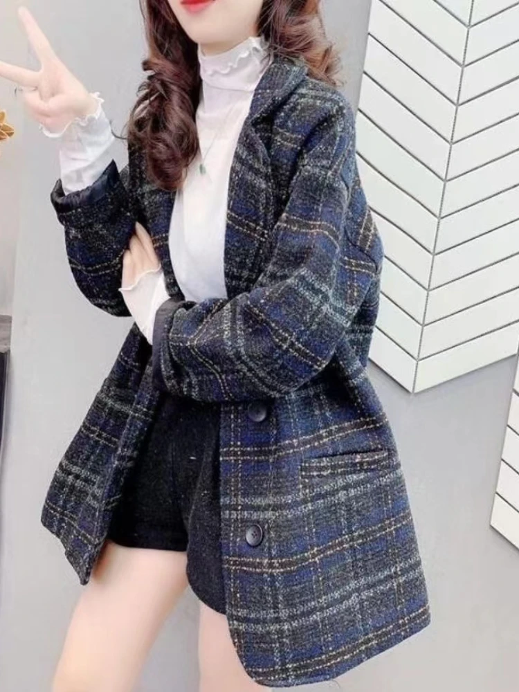 Tweed Blends Women Elegant Fashion Korean Autumn Winter Coat Streetwear Casual Slouchy Plaid Aesthetic Clothing Outwear Womens