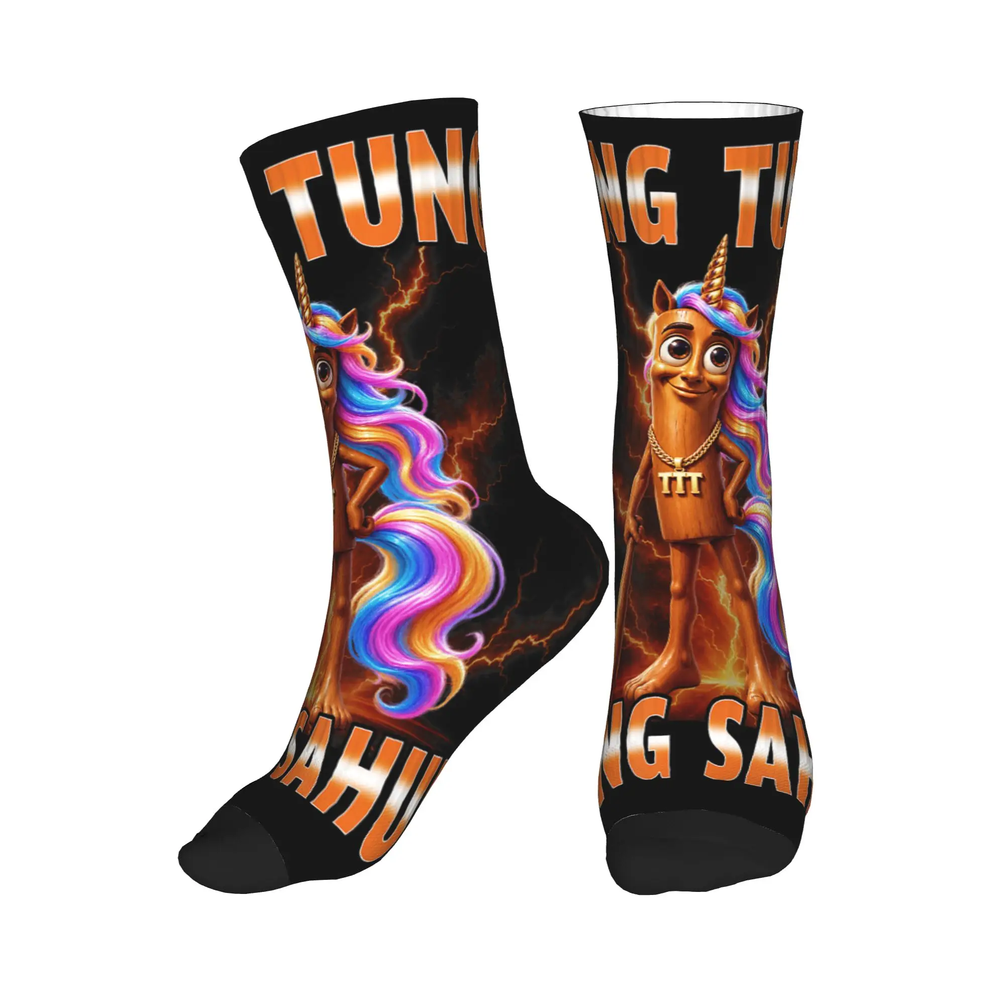 Funny Tung Tung Sahur Unicorn Rainbow Hair Lightning Socks Autumn Stockings Gothic Men Soft Socks Graphic Running Non Slip Socks