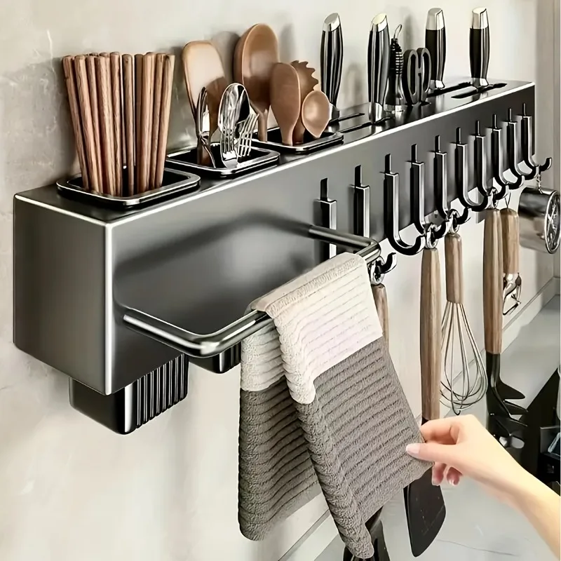 Porte-couteaux multifonctionnel en acier carbone robuste, support mural sans perçage pour couteaux, ustensiles et planches à découper