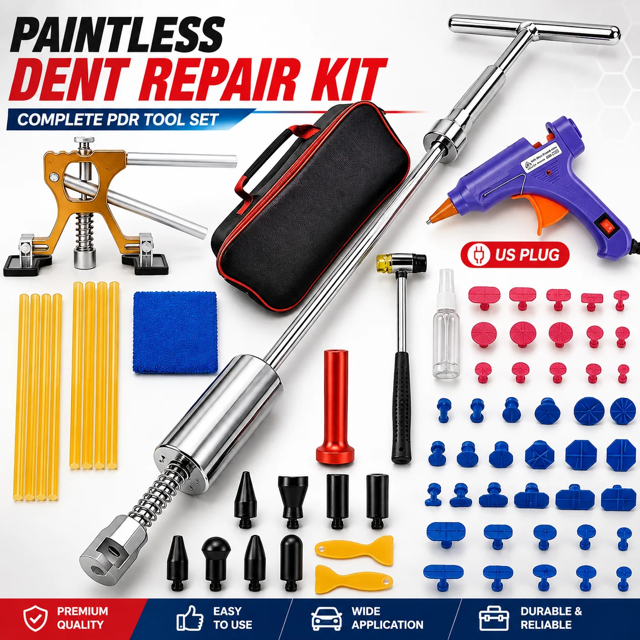 Paintless Dent Removal Kit with T-Bar Car Puller Removal Kit Slide Hammer Reverse Hammer Tool Body Suction Cup Adhesive
