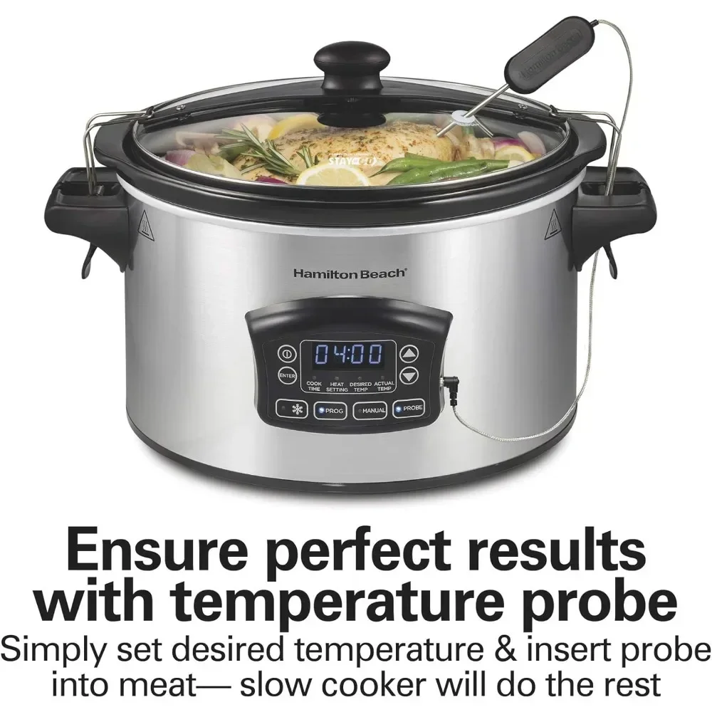

Portable 6 Quart Slow Cooker & Digital Programmable with Lid Lock, Temperature Probe & Defrost Setting, Dishwasher Safe