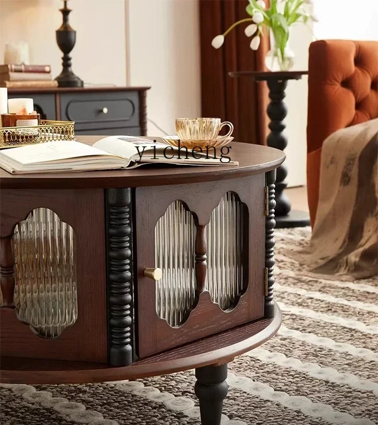 TQH-i7.7 retro solid wood round small apartment living room household medieval small tea table Changhong glass round table