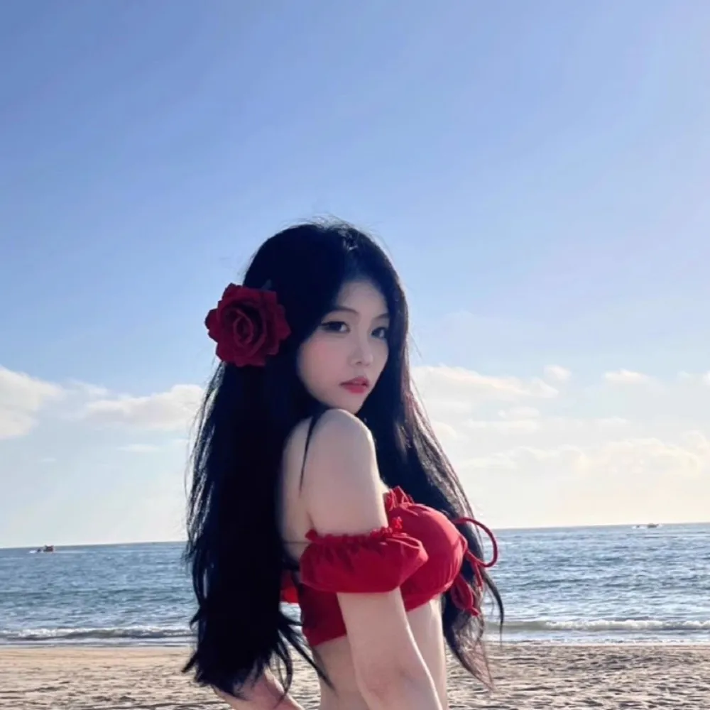 3Pcs Ruffle Three Pieces Bikini Suit with Flower Hair Clip Split Swimsuit Swimwear Set Slim Fit Y2k Beachwear Clothing Beach