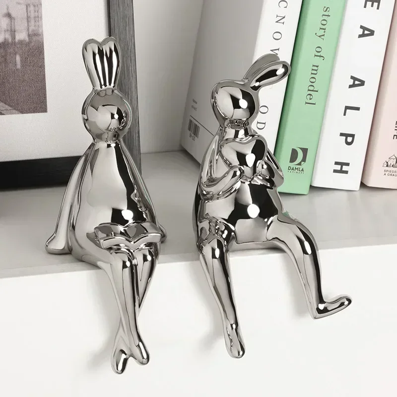 Shiny Rabbit Statue Simulation Rabbit Animal Art Sculpture Craftwork Home Cabinet Porch Office Decoration Accessories Ornamen