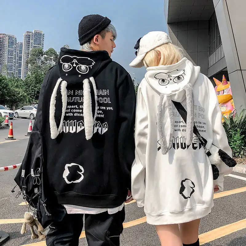 

Cute Bunny Graphic Pink Black Couple Hoodies Tops Women Animal Print Kawaii Rabbit Hooded Sweatshirt Girls Loose Korean Pullover