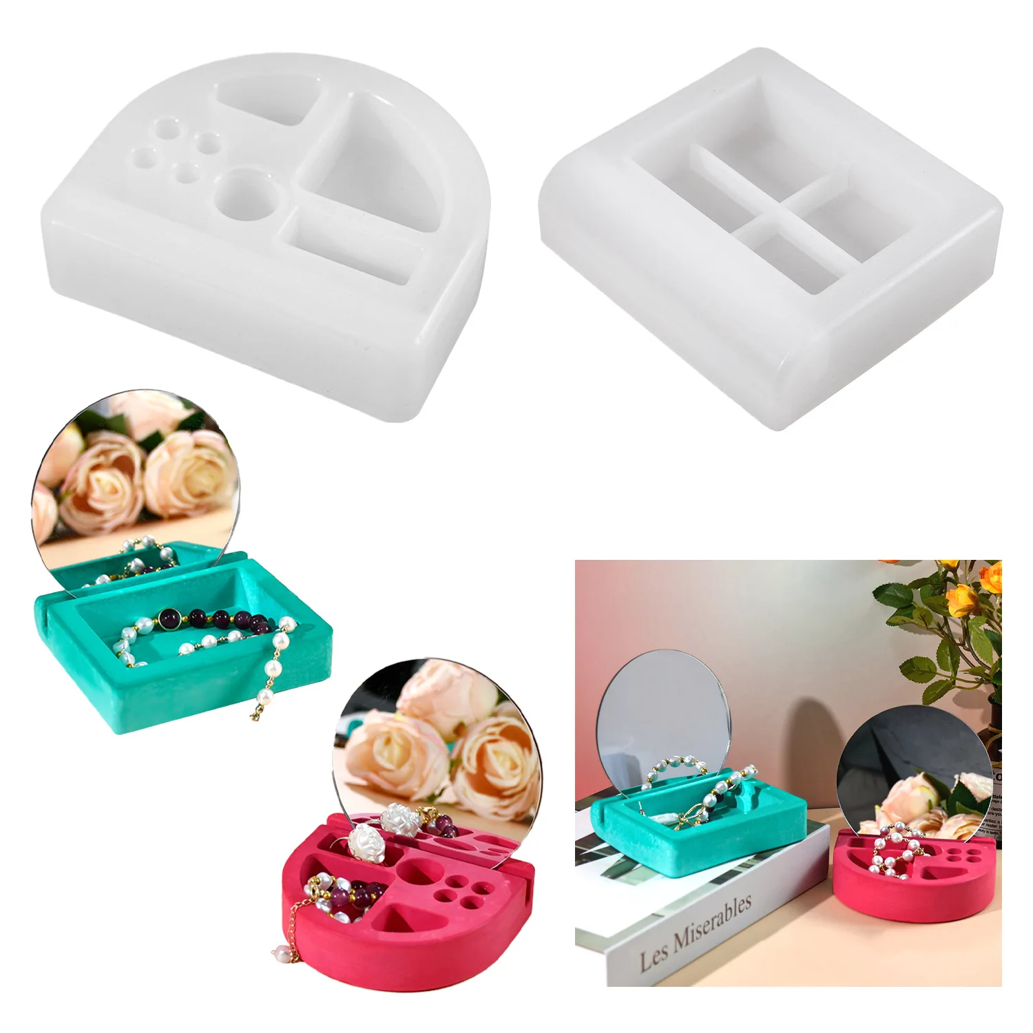 Epoxy resin mold square and round jewelry storage box silicone mold jewelry box base with lens