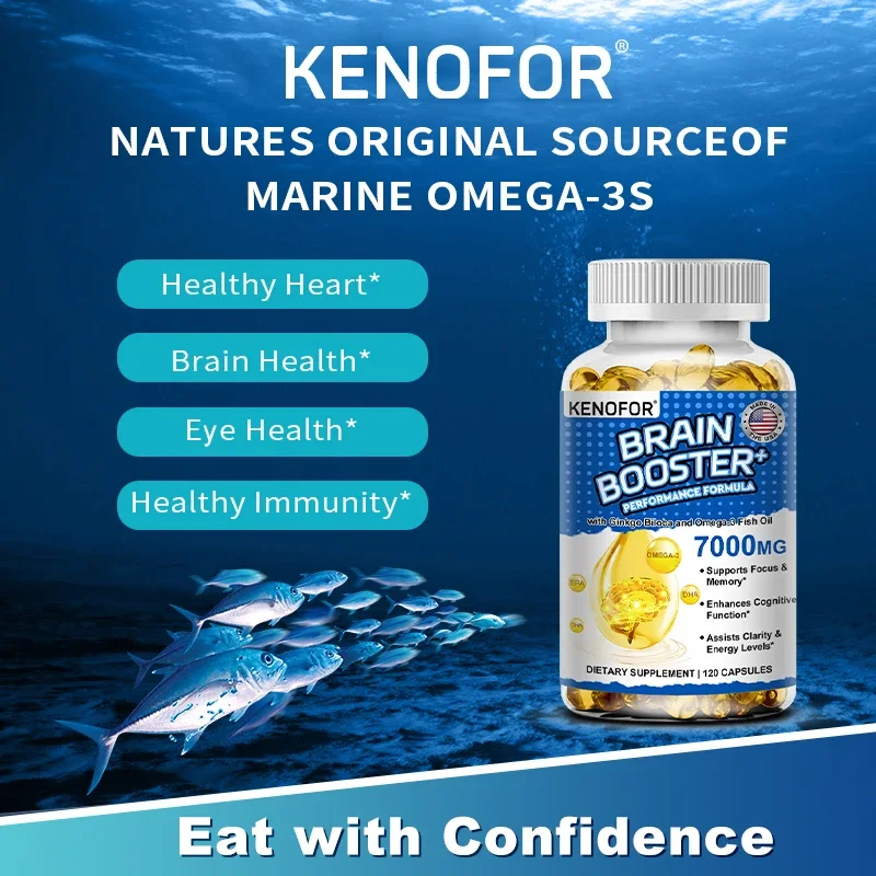 Omega 3 Fish Oil Brain Supplement - Vitamin B12, Ginkgo Biloba, EPA & DHA Non-GMO Gluten-Free Dietary Supplement, Focus, Memory