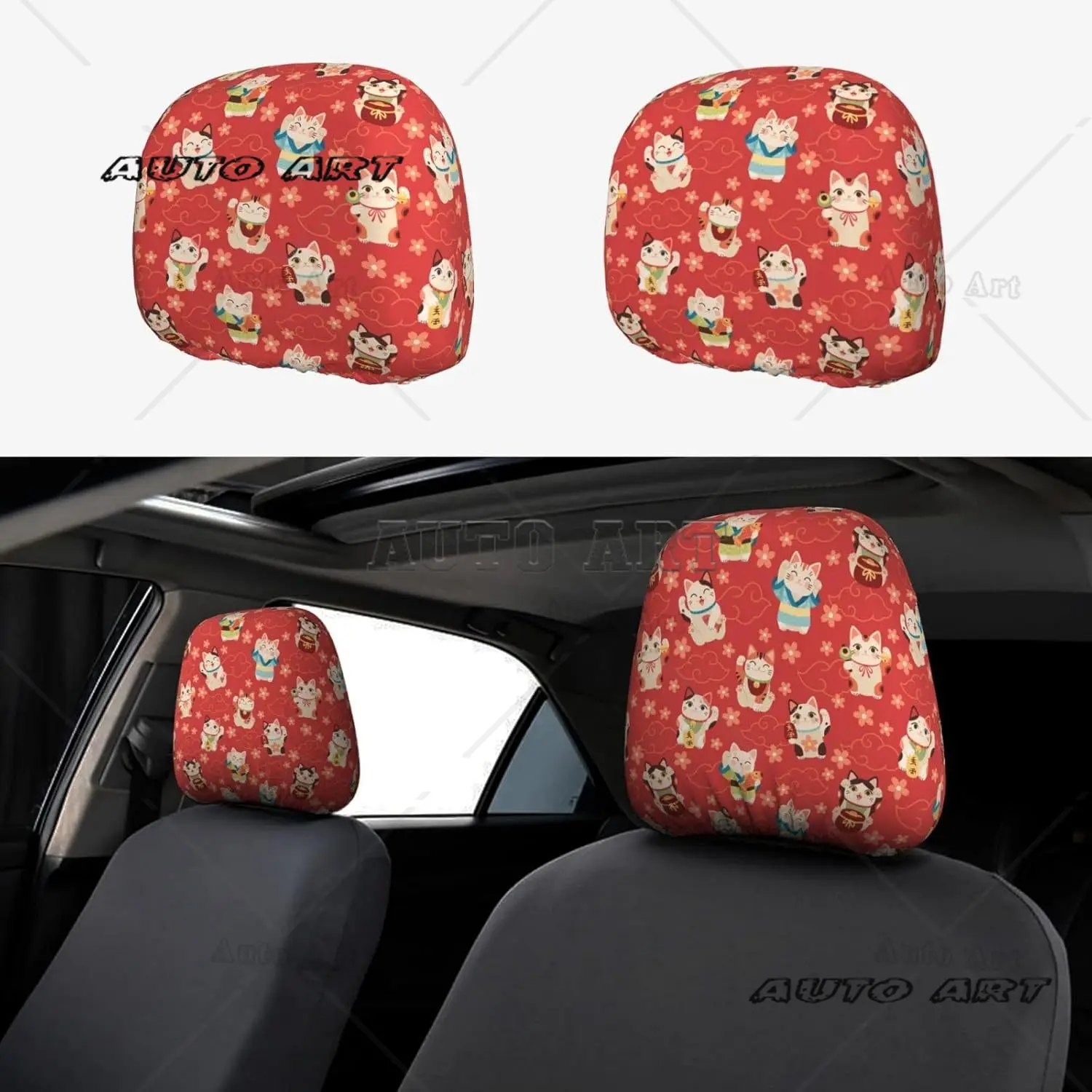 

Headrest Covers for Cars Accessories Interior for Women Men 2Pcs Japanese Maneki Cats for Car Decor Head Rest Cover