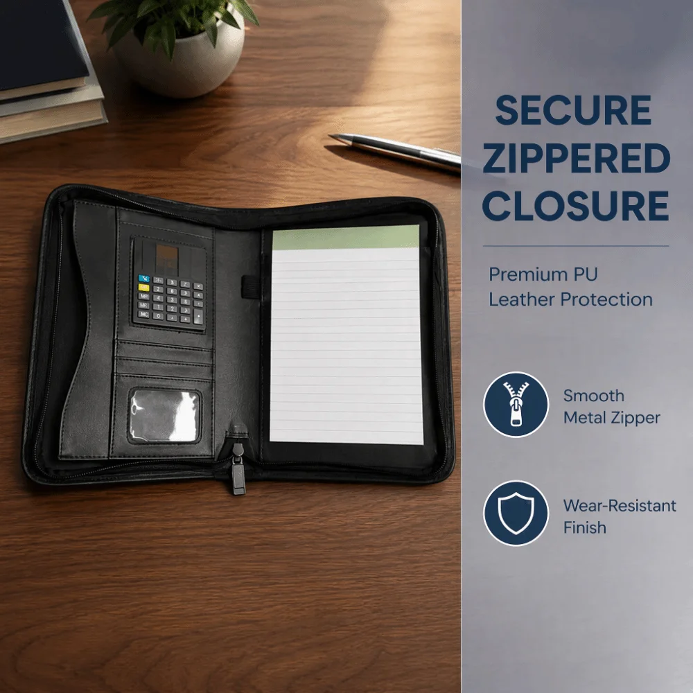 PU Leather Business Portfolio Zippered Closure A5 Size Padfolio Folder 3 Ring Binder Card Slots Document Organizer Office Use